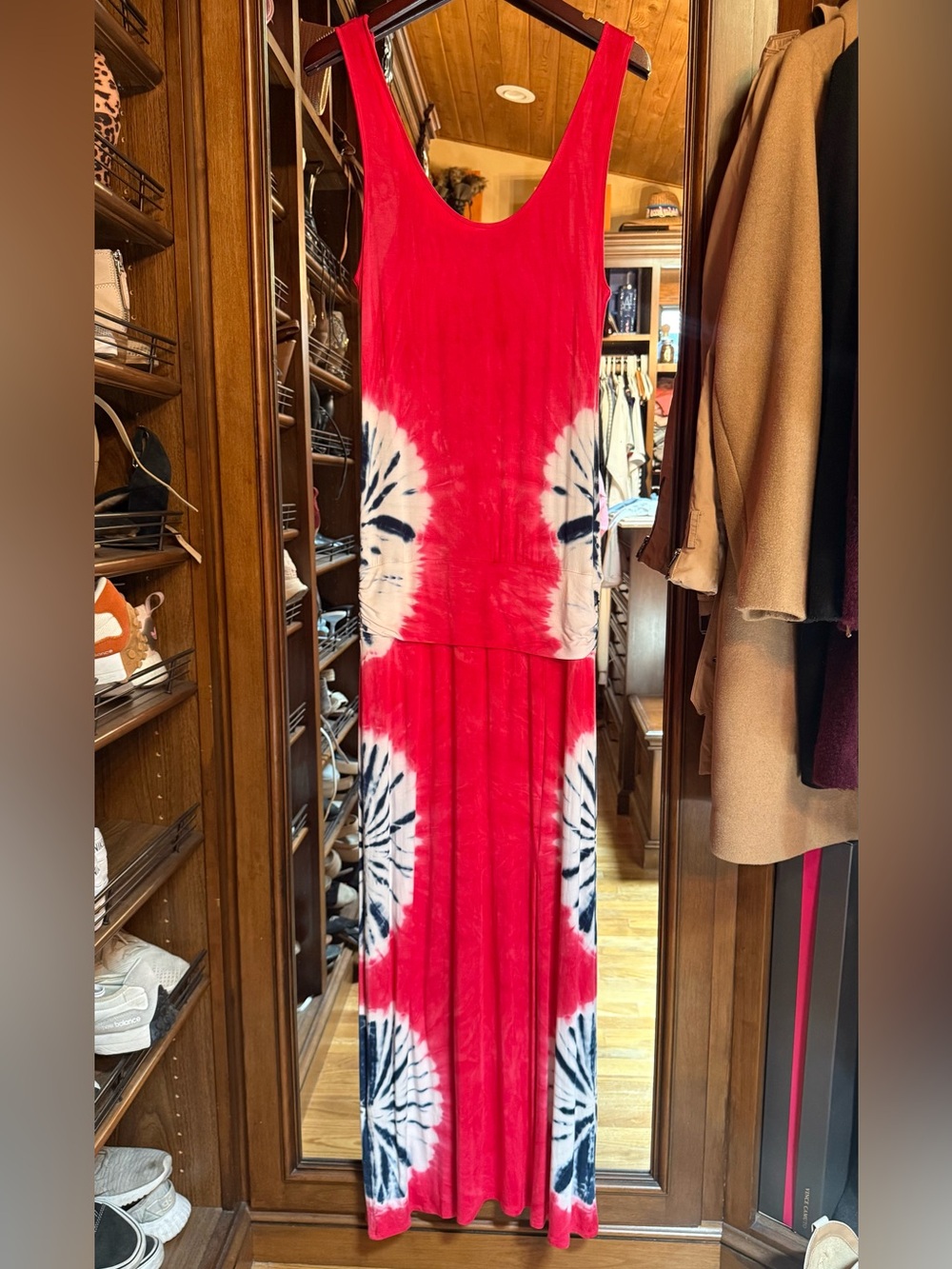 VENUS Red Tie-Dye Maxi Skirt with Navy and White Sunbursts